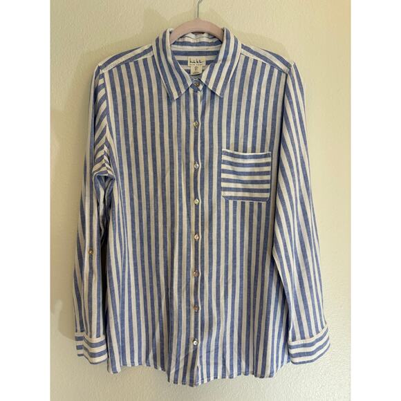 NICOLE MILLER blouse Top Linen Blend Stripe Blue White 3/4 Long Sleeve | LARGE - Picture 10 of 10
